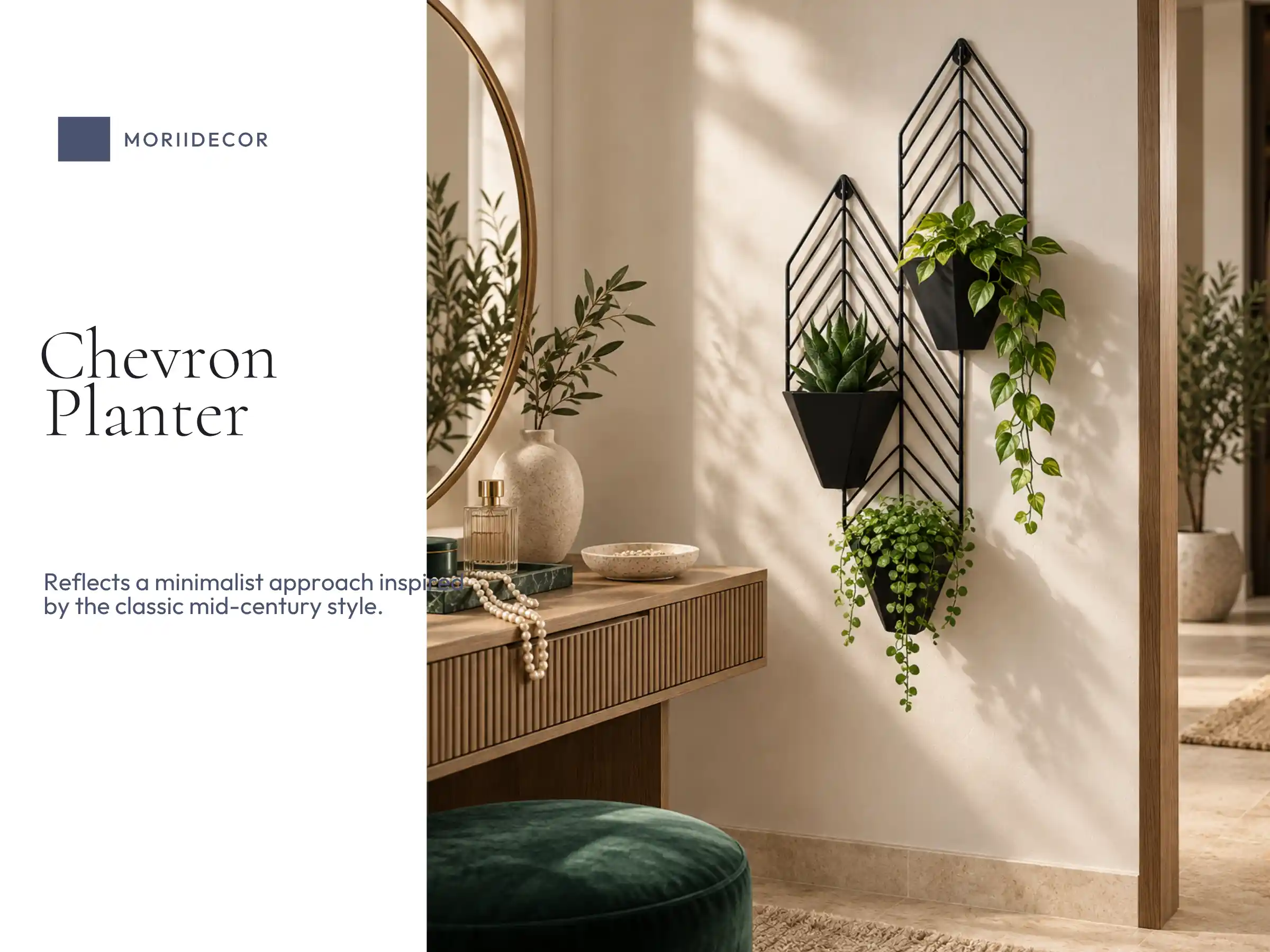 Chevron Arrow black wall planter in luxury Japandi dressing area