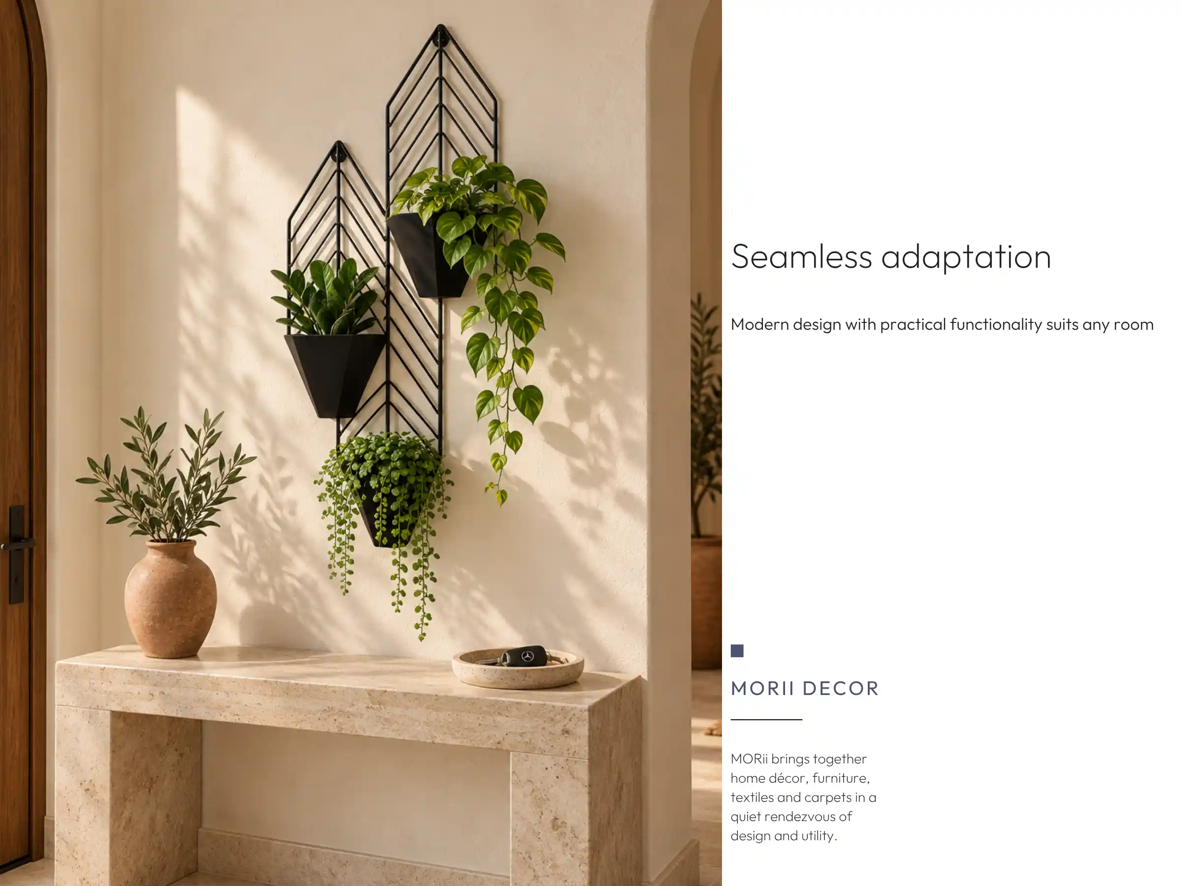 Three pot black metal wall planter in Mediterranean style entryway