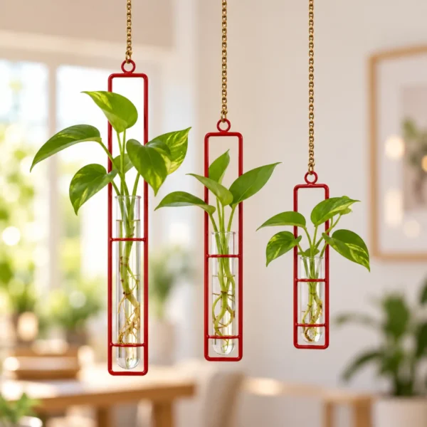 Glossy red hanging test tube planters with gold chains