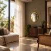 Gold Whirlpool wall mirror styled in modern living room