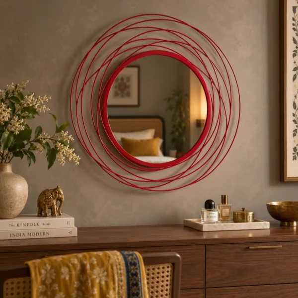 Red round wall mirror above dark wood console