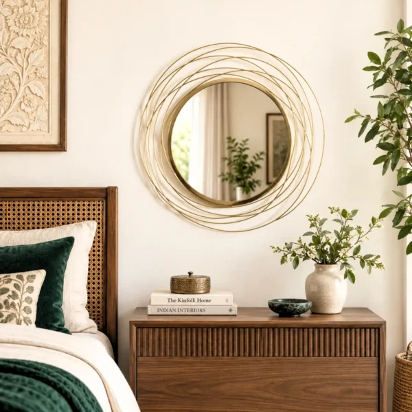 Decorative gold wall mirror styled beside bedroom furniture