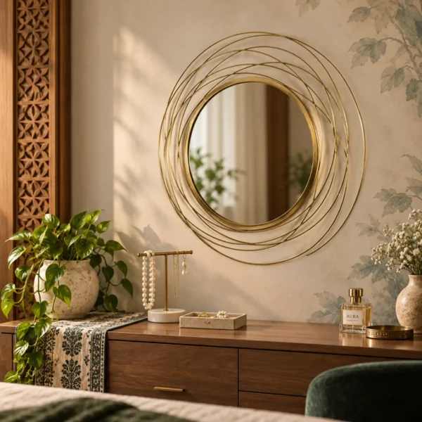 Round metal wall mirror above entryway console