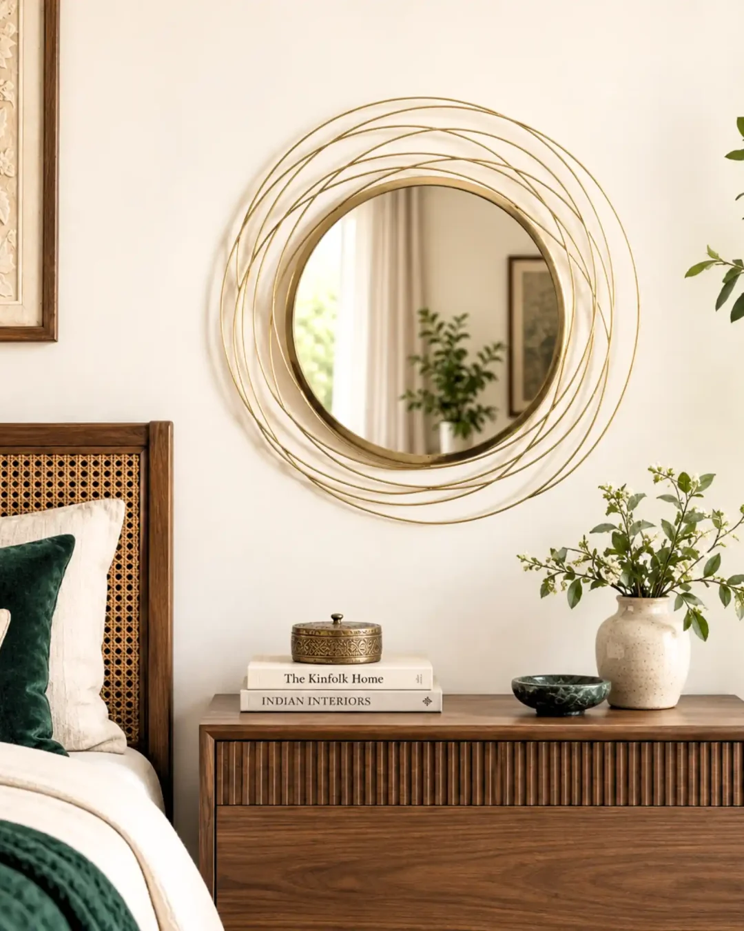 Decorative gold wall mirror styled beside bedroom furniture
