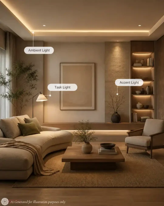 Image explaining the ambient - accent and task lights and its uses at home