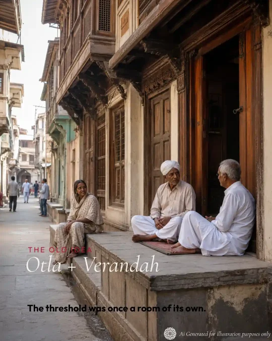 Residents seated on the shaded otla of a traditional Ahmedabad pol house.
