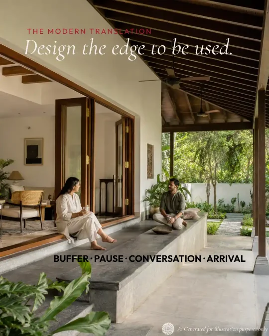 Section 6 - Bright contemporary Indian verandah with a raised stone seating platform and garden connection.
